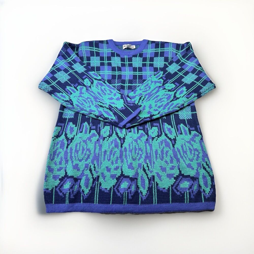 Vintage Michael Andre 80s Abstract Floral Sweater | Made in Korea Blue Green